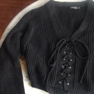 LF lace up cropped sweater